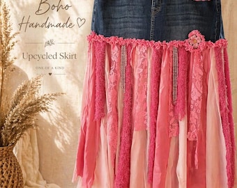 Gescheurde spijkerrok, roze kant, geüpcycled couture, maat 16
