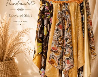 Tattered Upcycled Boho Skirt, Mixed Fabric Patchwork, One of a Kind Design