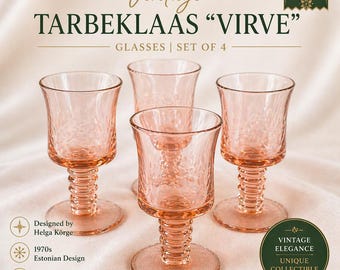 Bicchieri vintage estoni Tarbeklaas “Virve” Pink Cordial – Set di 4 – Design Helga Kõrge – Cristallo della metà del secolo degli anni '70