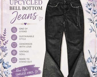 bell bottom vintage denim jeans, Upcycled Black Denim Jeans with Flare Panels – Boho,Reworked Jeans, Festival Clothing, OOAK Statement Pants