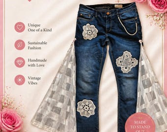 bell bottom vintage denim jeans, Upcycled Denim Pants with Lace Panels – Boho Festival Jeans, Handmade Reworked Jeans, OOAK Couture