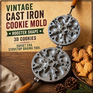 May include: Vintage cast iron cookie mold with a rooster shape, designed for stovetop baking. The mold is open, revealing the rooster-shaped cavities. A plate of baked 3D rooster cookies sits nearby. The text on the image reads "Vintage Cast Iron Cookie Mold".