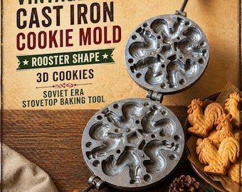 Vintage Keksform aus Gusseisen – Hahn in Form von 3D-Plätzchen – Retro-Keksform – Retro-Kochplatte – Waffelform für die Küche