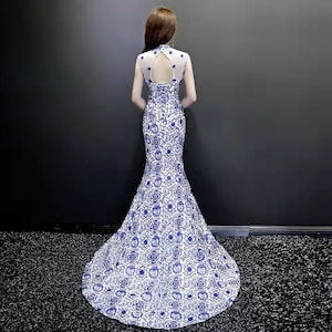Custom Size Able Chinese Bridal Qipao Gown, China Bride Blue white Porcelain Wedding Dress, Tailing, Lace-up Back, Traditional Gown