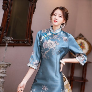 Classical China Above Knee Autumn Winter Cheongsam Dress, Chinese Vintage Qipao Dress Jacquard Floral,Tea Ceremony,Shanghai woman