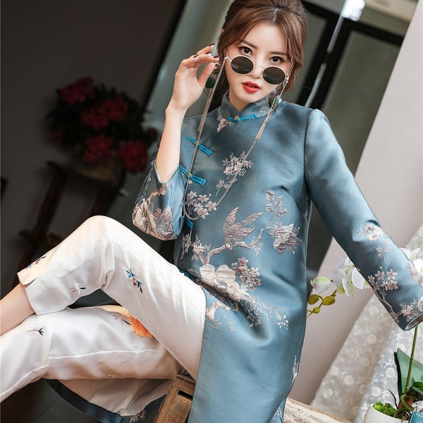 Classical China Above Knee Cheongsam Jacket,Chinese Vintage Qipao Dress,Tea Ceremony, Autumn Winter Coat, Shanghai woman Elegant Blue