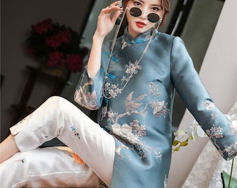 Classical China Above Knee Cheongsam Jacket,Chinese Vintage Qipao Dress,Tea Ceremony, Autumn Winter Coat, Shanghai woman Elegant Blue