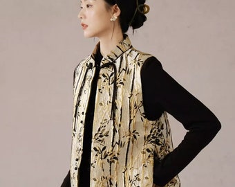 High Class CNY Spring Festival  Classic Chinese Tang Dynasty Vest Jacket, Luxury Satin Woman Top, Knot Button Clousure,Golden Color