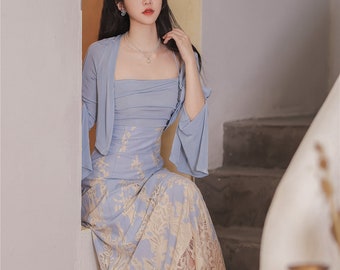 Modern China Blue Lace Hanfu Suit, Jacket+Slip Dress, Anti-UV Jacket, 2 pieces Art Revival Hanfu Girls Costume