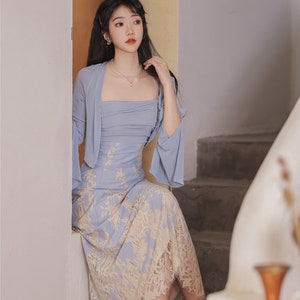 Modern China Blue Lace Hanfu Suit, Jacket+Slip Dress, Anti-UV Jacket, 2 pieces Art Revival Hanfu Girls Costume