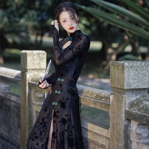 New design Spring Vintage China Sexy Elastic Velvet Black Cheongsam Top+Skirt, Long Sleeves Qipao Gown Suit, Tea Ceremony Classical Shanghai