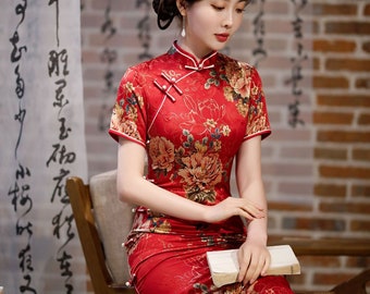 New China Cheongsam, Classic Jacquard Flower Blue Qipao,Tea Ceremony, Mother Gown Dress for Wedding, Size M-5XL