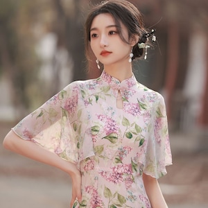 New Design《紫藤》Modern Qipao Summer Vintage Chinese Cheongsam Trumpet Sleeves Floral China Qipao S-3XL