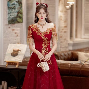 New Design Traditional Chinese Bridal Red Qipao Gown, Wedding Reception Classical, Big Skirt For Maternity, Full length MidCalf, Till 5XL
