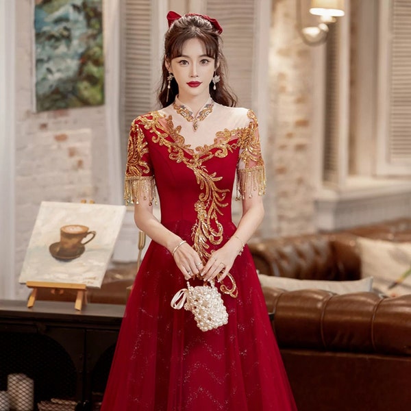 Nouveau design traditionnel chinois robe de mariée rouge Qipao, réception de mariage classique, grande jupe de maternité, pleine longueur mi-mollet, jusqu'à 5XL