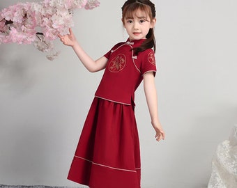 Kid's Chinese Modern Hanfu Suit,Tang Dress For School open day Little Girls Costume China Costume, Embroidery Flower,110~150cm Cotton