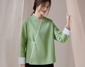 Traditional China Tang Dynasty Jacket for Autumn/ Winter, Chinese Crossed Chest Button Closure, Hanfu Style Cotton  Woman Top, Green