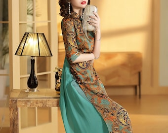Modern China Cheongsam| Chinese Vintage Dress| Bridal Tea Ceremony 旗袍 QIPAO| Shanghai Woman| Phoenix Pattern, Latin Dance Dress| Green