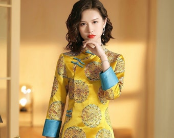 Classic China Red&Yellow Cheongsam, Chinese Vintage Above knee Qipao, Tea Ceremony, Spring Festival Suit/ New Year Shanghai Woman