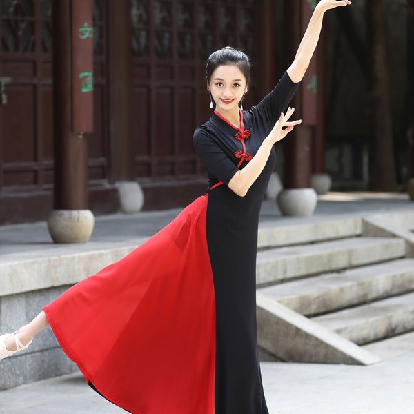 China Cheongsam Dance Dress |Chinese Classic Qipao| Latin Modern Tango Milonga Dance / Kungfu Practice Cloth | Dance Costume Stretchy Skirt