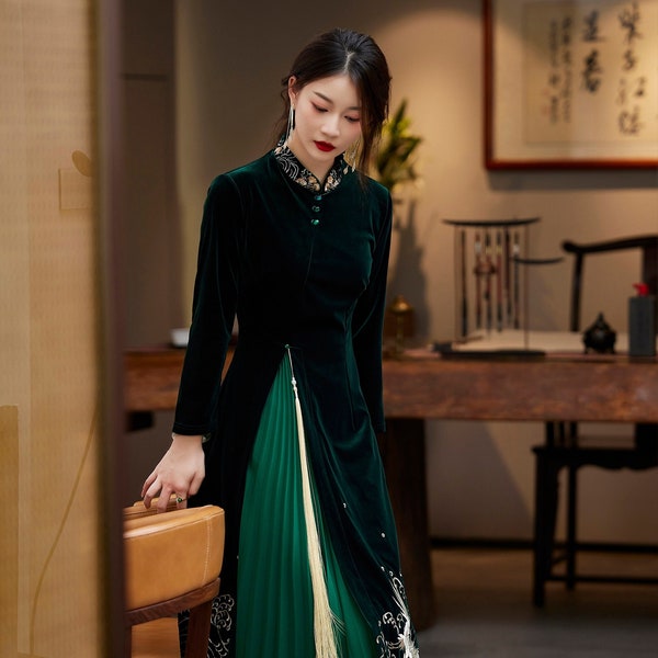 Premium Made Dickes Herbst Winter China Cheongsam Kleid, Chinesischer Tang Qipao Anzug, Teezeremonie Faltenrock, Grüne Farbe Schwarz