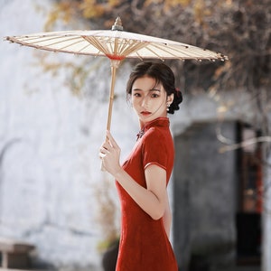 Vintage Summer Red Lace Cheongsam, China Lace Gown Dress, Knee Length For Daily Wear, Floral Artistic Pankou decoration