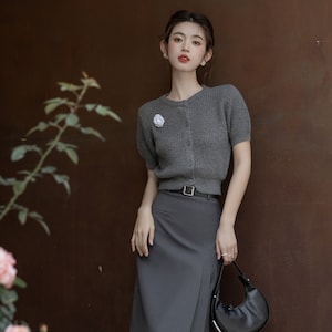 Vintage Herben French Sweater Top+Gray Pleated Skirt High Waisted, Artistic French Elegant Lady, 2 Piece Suit, For work uniform