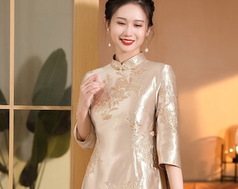New Design Premium Made Autumn Winter China Cheongsam Dress, Chinese Jacquard Gold Peony, Tea Ceremony A Line Pleated Skirt, Apricot & Blue
