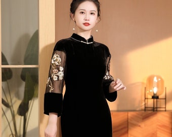 High Class Autumn China Mulberry Silk Velvet Orgaza Embroider Sleeves Cheongsam, Vintage Black Mother Tea Ceremony, Elegant Woman for Events