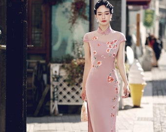 Vintage China Cheongsam, Classic Embroidery Flower Pink Qipao,Tea Ceremony, Prom dress, Girls Empire, Bridal Wedding Dress, Gift for her/Mom