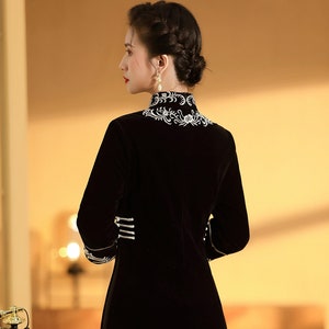 New Design Autumn China A-Line Velveteen Cheongsam, Vintage Black Solid Embroider Tea Ceremony,Knee Length, Elegant Woman for wedding