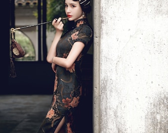 Vintage China Cheongsam, Classic Big Flower Qipao,Tea Ceremony, Prom dress, Girls Empire,Royal Chinoise,Shabby Sexy1980s Summer Halter Dress