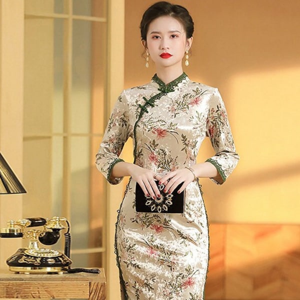 Autumn Winter China Modern Stretchy Velvet Cheongsam,Chinese Vintage Qipao Dress with Water Lily Flower,Tea Ceremony Elegant Shanghai Woman