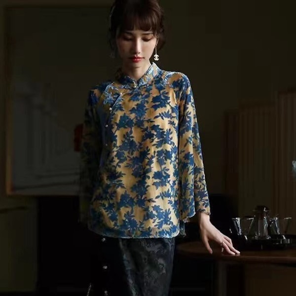 New Spring  China Cheongsam Top, Chinese Tang Suit Hanfu Blouse,Tea Ceremony Shirt, Traditional Jacquard Velvet Fabric, Side Open Pankou