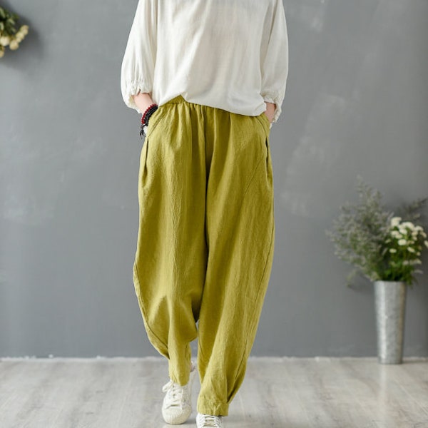 Vintage China Girl's Linen Rammie Pants, Chinese Loose Style, Liziqi Trousers,Yellow/Jasper Green/White/Red, Yoga Pants, Ethnic Bloomers