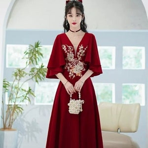 New Design Traditional Chinese Bridal Red Qipao Gown, Wedding Reception Gown, Classical Embroidery Full Length & Mid Calf, For Maternity