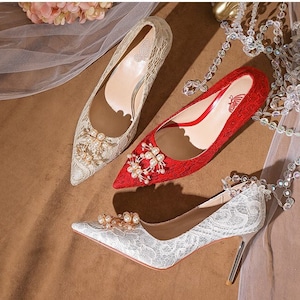 Premium Handmade Western Red &Champagne/Silver Wedding Shoes, Bridal Lace Shoes, China Red Xiuhe 秀禾鞋; 2/4.5/6.5/8.5CM; Four Heels Option