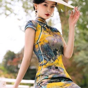 Vintage Mulberry Silk Cheongsam,100% Pure Silk Qipao Dress in Yellow & Red, Full Length Sexy Tea Ceremony 旗袍, Perfect for Summer