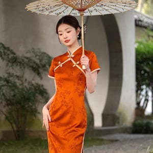 Vintage Summer Tangerine Lace Lined Cheongsam, China Lace Gown Dress, Floral Artistic Pankou decoration