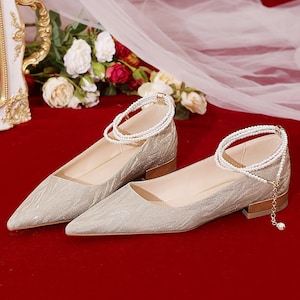 Premium Handmade Western Gold& Silver Wedding Shoes, Bridal Shoes, Xiuhe Shoes 秀禾鞋; Flat Shoes 2CM Heels