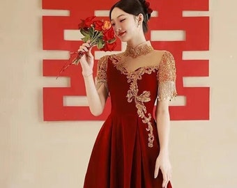 Custom Size Available Chinese Bridal Red Qipao Gown, China Bride Wedding 敬酒服, Classical Embroidery Short &Long Sleeve Summer Winter Gown