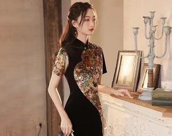 New Autumn Design China Velvet Cheongsam Splicing Colorful Pattern, Tea Ceremony Prom dress, Attend Wedding Outfit, Gift for Her