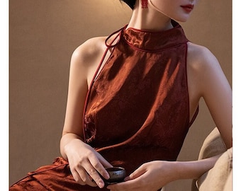 Premium Made Red Bridal Gown  Hang Neck Sleeveless Dress,Vintage China Cheongsam Gown, Single Party Bath Gown, Bridal Morning Robe