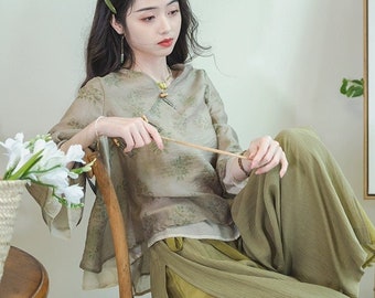 Doveyaf New Rare Design Modern China Hanfu Top+Wide Pants, China Song Dynasty Cultural Art Revival For Summer traveling, Beach Shooting