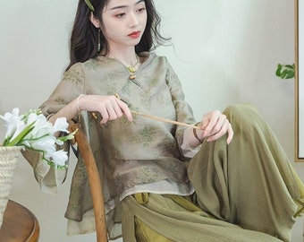 Doveyaf New Rare Design Modern China Hanfu Top+Wide Pants, China Song Dynasty Cultural Art Revival For Summer traveling, Beach Shooting