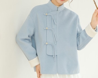 Traditional China Tang Thick Dynasty Jacket for Autumn/ Winter, Chinese Pankou Button Closure, Hanfu Style Woman Top, Light Blue