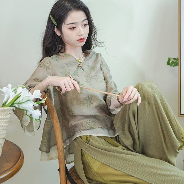 Doveyaf Haut Hanfu moderne au design rare en Chine + pantalon large, Renaissance de l'art culturel de la dynastie Song en Chine Pour les voyages d'été, Prise de vue sur la plage