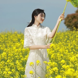 New Arrive Spring Summer China White Qipao Dress, Aodai Cheongsam, Tea Ceremony, Half Trumpet Sleeves A line Loose Dress