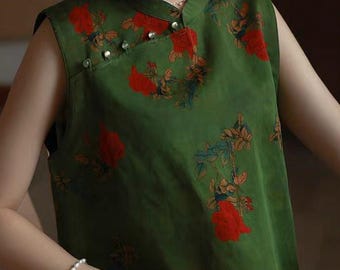 Blusa Cheongsam Chinesa de Verão, 100% Seda Mulberry, Estampa Floral Verde