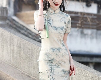 Nouvel été Chine Cheongsam femme, Qipao paysage imprimé Chine classique, S-3XL